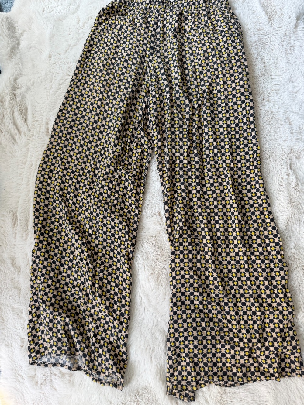 Wide Leg Printed Women's Pants in Beige, Black & Yellow